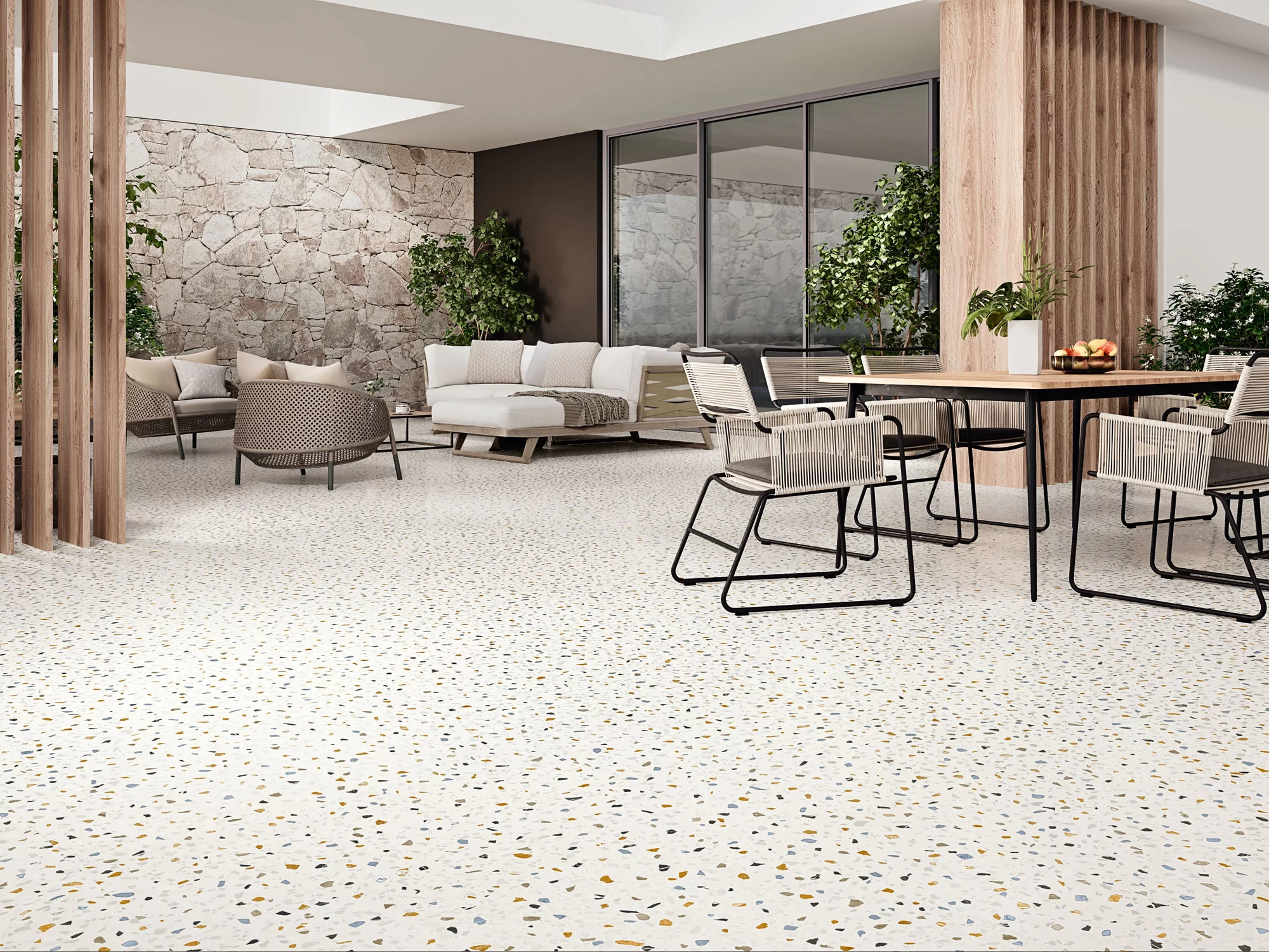 Habitación decorada con azulejos de imitación a terrazo.